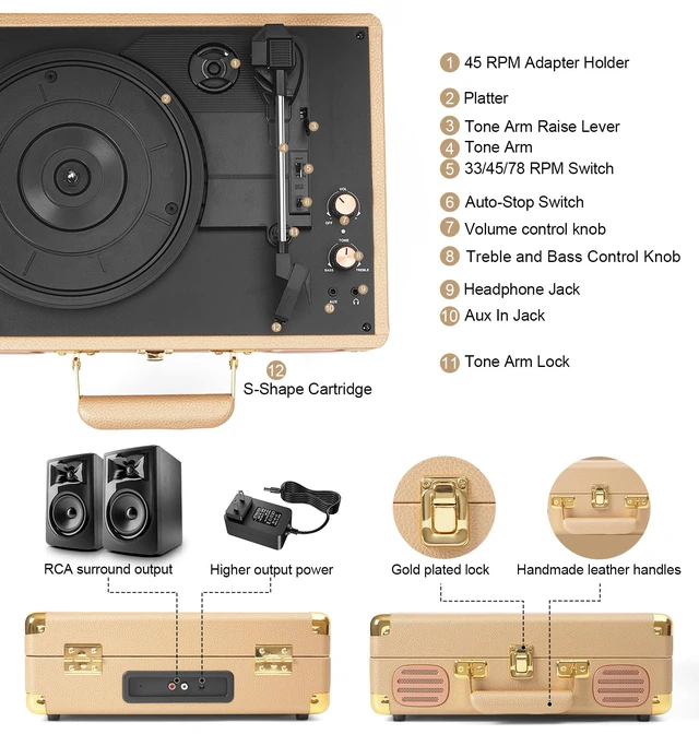 Alt view image 3 of 7 - Bluetooth Record Player, 3-Speed Belt Drive Turntable Gold Portable Suitcase Bass and Treble Adjustment Headphone Jack