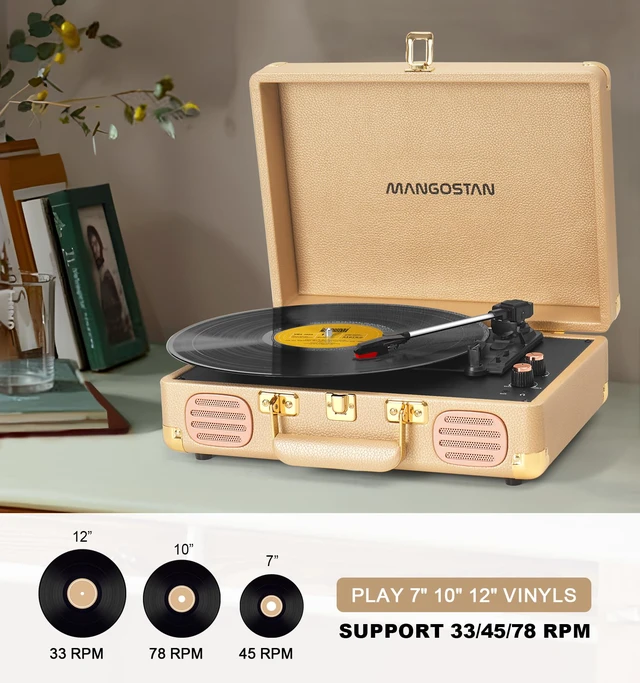 Alt view image 4 of 7 - Bluetooth Record Player, 3-Speed Belt Drive Turntable Gold Portable Suitcase Bass and Treble Adjustment Headphone Jack