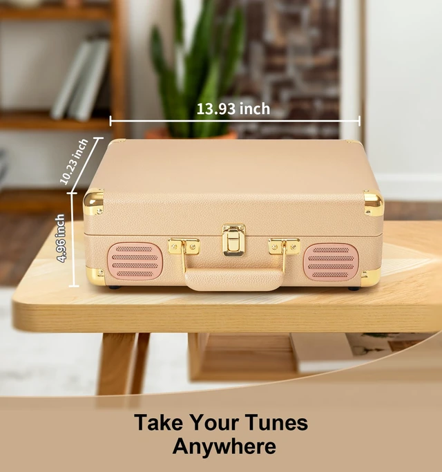 Alt view image 5 of 7 - Bluetooth Record Player, 3-Speed Belt Drive Turntable Gold Portable Suitcase Bass and Treble Adjustment Headphone Jack