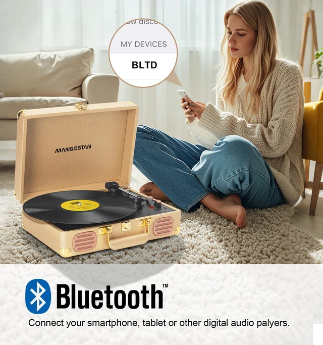 Alt view image 6 of 7 - Bluetooth Record Player, 3-Speed Belt Drive Turntable Gold Portable Suitcase Bass and Treble Adjustment Headphone Jack