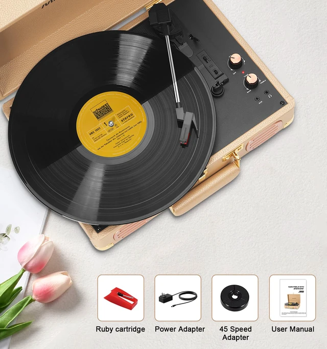 Alt view image 7 of 7 - Bluetooth Record Player, 3-Speed Belt Drive Turntable Gold Portable Suitcase Bass and Treble Adjustment Headphone Jack