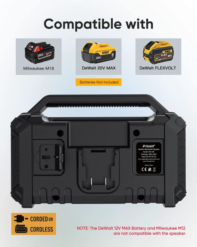 Alt view image 3 of 7 - Jobsite Bluetooth Speakers Compatible with DeWalt 20V/FLEXVOLT & Milwaukee M18 Battery, 60W Portable Outdoor Wireless Boombox w/Bass, RGB Lights, Loud Speaker for Worksite/Workshop/Garage(Black)