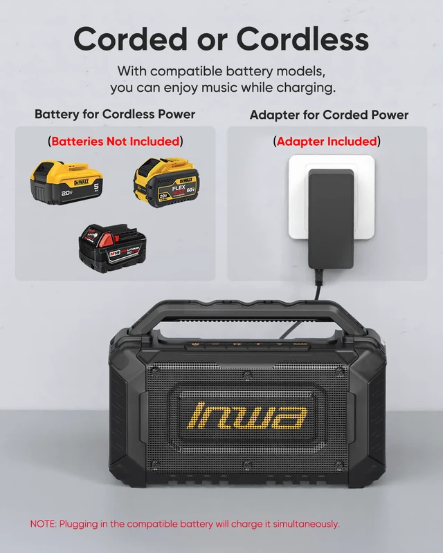 Alt view image 6 of 7 - Jobsite Bluetooth Speakers Compatible with DeWalt 20V/FLEXVOLT & Milwaukee M18 Battery, 60W Portable Outdoor Wireless Boombox w/Bass, RGB Lights, Loud Speaker for Worksite/Workshop/Garage(Black)