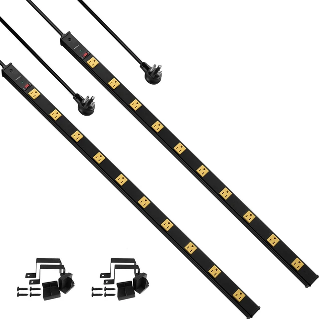 Main image of 10 Outlet Long Power Strip, 1000J Surge Protector, 2 Pack Industrial Heavy Duty, Flat Plug, 15A Breaker, 6FT Cord, Wall Mountable, Work Bench, Shop, Garage