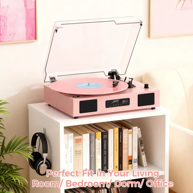 Alt view image 6 of 7 - Vinyl Record Player Bluetooth with Enhanced Speakers, USB Recording, Pink Built-in Stereo Speakers, USB/TF Card Playback, 3 Speed Belt Drive LP Player Turntable, RCA Line-Out AUX Input EQ