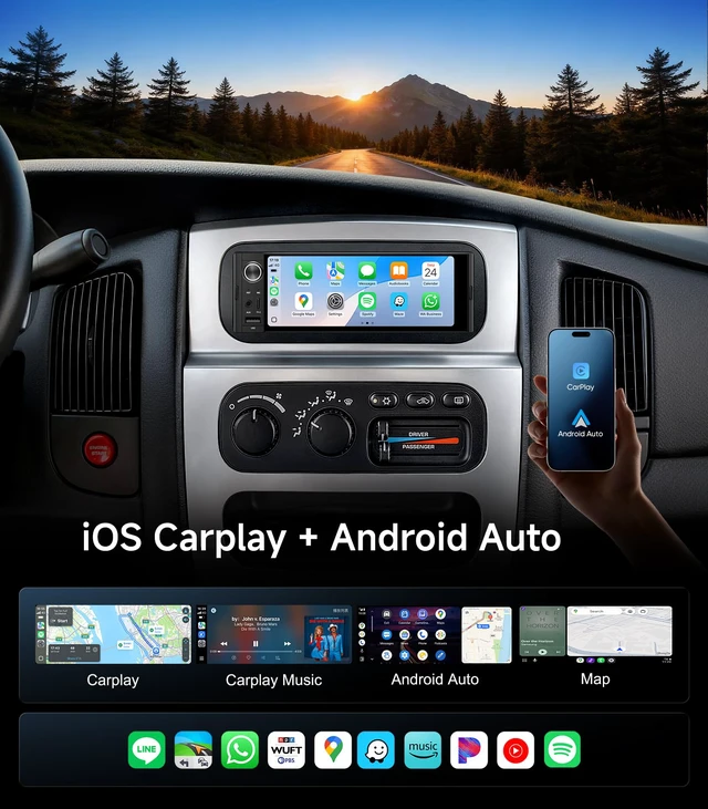 Alt view image 2 of 7 - 6.36" Single DIN Car Radio Stereo, Wireless CarPlay Android Auto IPS HD touchscreen, Linux System, USB USB-C FM, phone link, Bluetooth, plug-and-play