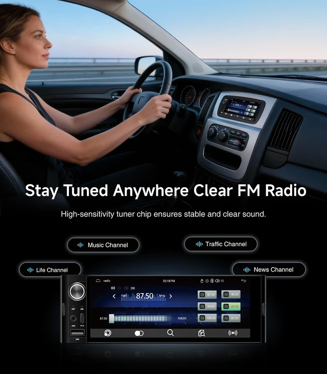 Alt view image 3 of 7 - 6.36" Single DIN Car Radio Stereo, Wireless CarPlay Android Auto IPS HD touchscreen, Linux System, USB USB-C FM, phone link, Bluetooth, plug-and-play