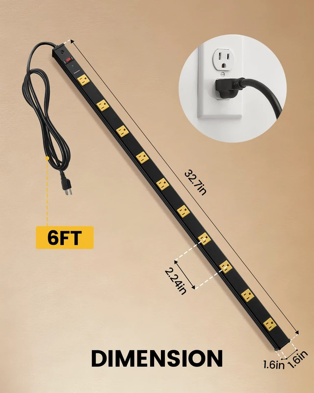 Alt view image 7 of 7 - 10 Outlet Industrial Power Strip, 1000J Surge Protector, 2 Pack All-Metal Housing, 6ft 14AWG Cord, Straight Plug, Wall Mountable, Industrial Heavy Duty, Workshop, Garage