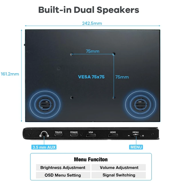 Alt view image 6 of 7 - 10.1" LCD Touchscreen IPS Monitor 1280x800 Portable Screen HDMI Display Built-in Speakers with Shell for Raspberry Pi 5/Pi 4/3B+ Xbox PS4 Windows 7/8/10