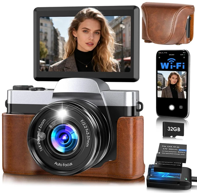 Main image of 4K Digital Camera for Photography, 64MP WiFi Vlogging Camera for YouTube 3'' 180° Flip Screen,Autofocus,16X Zoom Anti-Shake, 32GB Card, 2 Batteries & Case,Compact Travel Point and Shoot Cameras