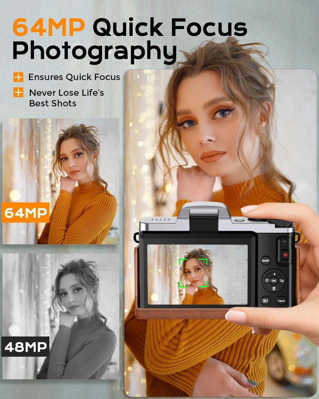 Alt view image 2 of 7 - 4K Digital Camera for Photography, 64MP WiFi Vlogging Camera for YouTube 3'' 180° Flip Screen,Autofocus,16X Zoom Anti-Shake, 32GB Card, 2 Batteries & Case,Compact Travel Point and Shoot Cameras