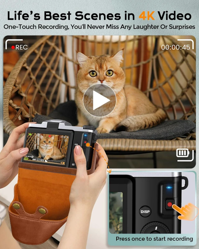 Alt view image 3 of 7 - 4K Digital Camera for Photography, 64MP WiFi Vlogging Camera for YouTube 3'' 180° Flip Screen,Autofocus,16X Zoom Anti-Shake, 32GB Card, 2 Batteries & Case,Compact Travel Point and Shoot Cameras