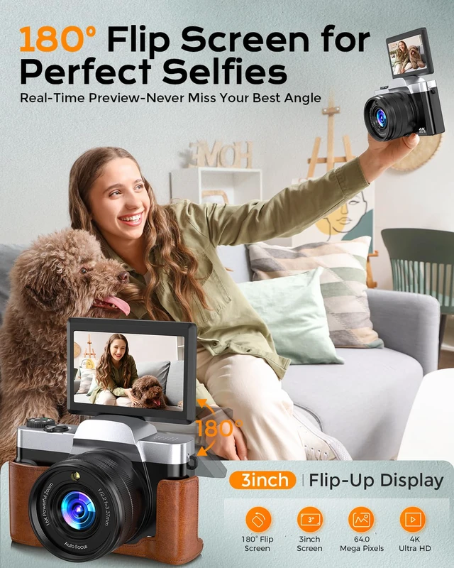 Alt view image 5 of 7 - 4K Digital Camera for Photography, 64MP WiFi Vlogging Camera for YouTube 3'' 180° Flip Screen,Autofocus,16X Zoom Anti-Shake, 32GB Card, 2 Batteries & Case,Compact Travel Point and Shoot Cameras