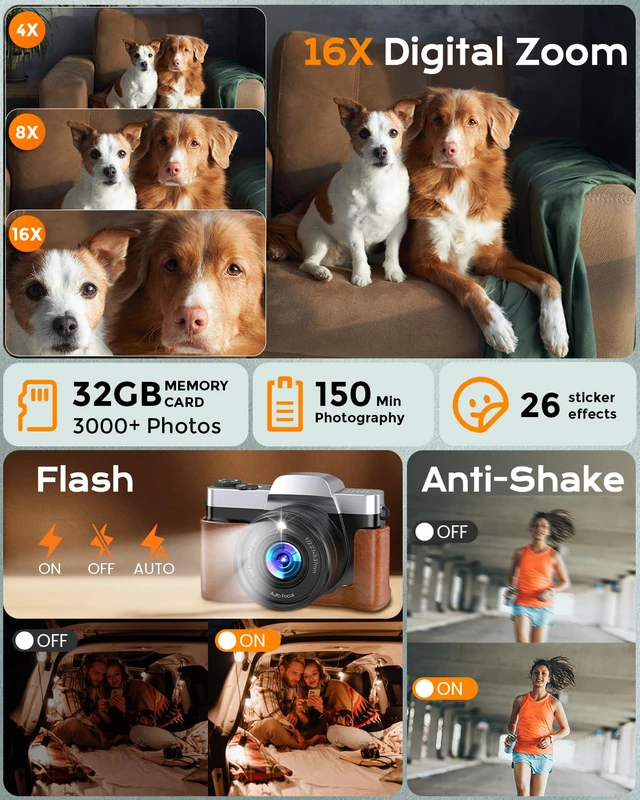 Alt view image 7 of 7 - 4K Digital Camera for Photography, 64MP WiFi Vlogging Camera for YouTube 3'' 180° Flip Screen,Autofocus,16X Zoom Anti-Shake, 32GB Card, 2 Batteries & Case,Compact Travel Point and Shoot Cameras