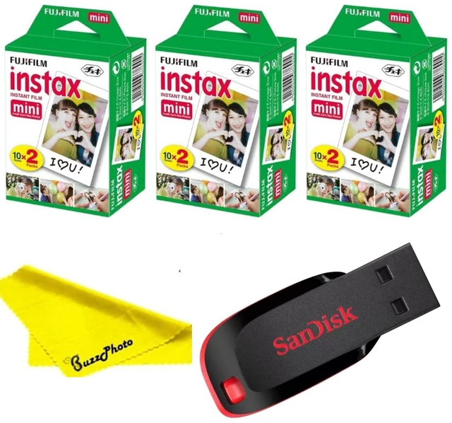 Main image of Instax Mini Instant Camera Film with Sandisk 32 GB USB Flash Drive + 3 x Mini Twin Packs (60 Sheets) and Buzz-Photo Microfiber Cleaning Cloth
