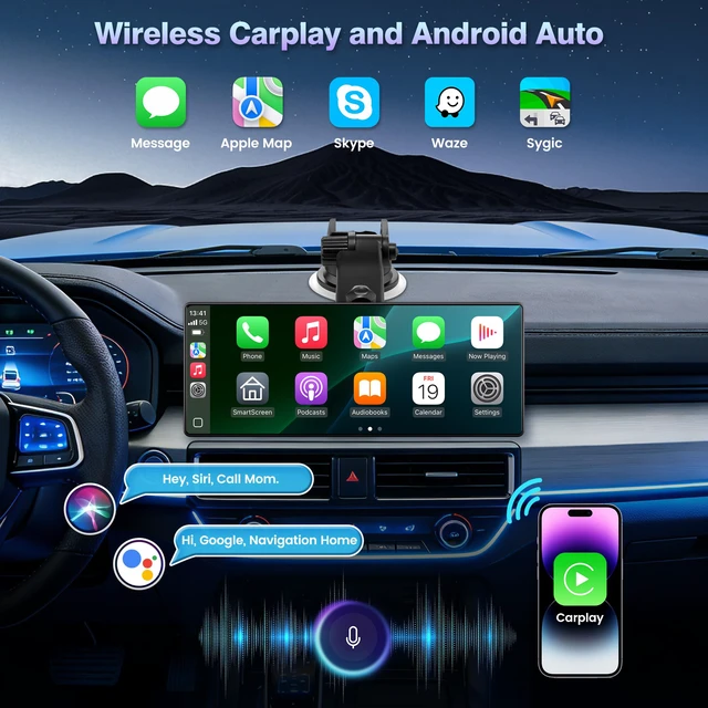 Alt view image 3 of 7 - 10.26" Wireless Carplay Screen for Car & Android Auto Screen 1080P Backup Cam w/Bracket, OTA Updates, GPS, Voice Control, BT, FM, Mirror Link, Easy Install, All Vehicles
