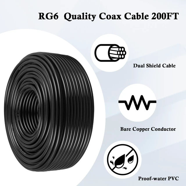 Alt view image 4 of 5 - RG6 Dual Shield Cable 200FT, 18 AWG 75 Ohm Bare Copper Conductor RG6 Coaxial Cable (200feet, Black)