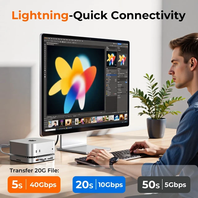 Alt view image 3 of 7 - 40G Mac mini M6, M5 Pro, M4 Dock & Stand with 8T NVMe SSD Enclosure,2X USB-A 3.2 10Gbps, USB-C 3.2 10Gbps, SD/TF 4.0, 65W Power,8K DP Video Interface, 3.5mm Audio- Ultimate Mac mini M4 Hub