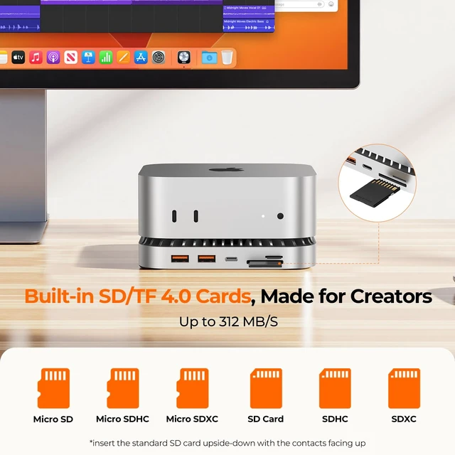 Alt view image 6 of 7 - 40G Mac mini M6, M5 Pro, M4 Dock & Stand with 8T NVMe SSD Enclosure,2X USB-A 3.2 10Gbps, USB-C 3.2 10Gbps, SD/TF 4.0, 65W Power,8K DP Video Interface, 3.5mm Audio- Ultimate Mac mini M4 Hub