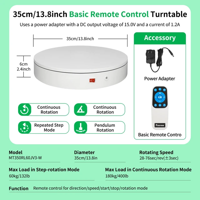 Alt view image 2 of 7 - Remote-Controlled Motorized Electric Turntable,Rotating Display Stand,Speed-Adjustable Rotating Turntable,Multi-Mode 360° Photography Turntable for 3D Scan,Photography,Showcase(13.8inch/White)