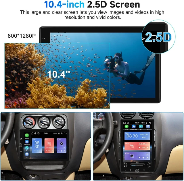Alt view image 2 of 7 - 10.4" Single Din Radio Car Stereo with Wireless CarPlay & Android Auto, Rotatable Touch Screen, Bluetooth, 16-Band EQ Audio, Mirror Link, SWC, FM, USB, TF, Backup Camera
