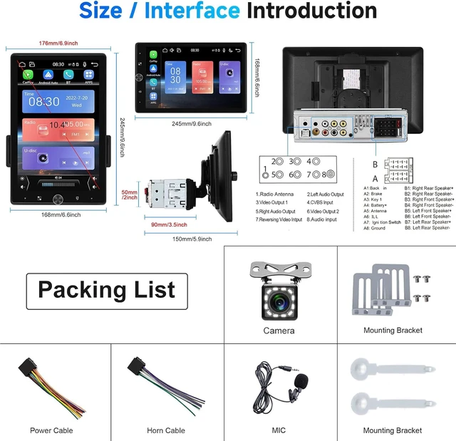 Alt view image 7 of 7 - 10.4" Single Din Radio Car Stereo with Wireless CarPlay & Android Auto, Rotatable Touch Screen, Bluetooth, 16-Band EQ Audio, Mirror Link, SWC, FM, USB, TF, Backup Camera
