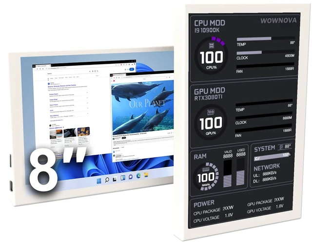 Main image of 8 Inch LCD Screen Inside PC Case Screen (Desktop Mode Added), 1 Click 1 Cable to Get Started Computer Temperature Display Monitor, Sensor Panel for Inside PC Case with Screen (White)