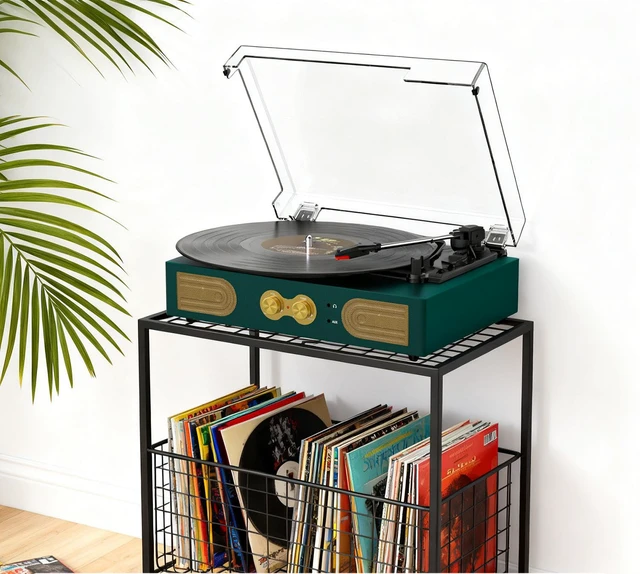 Alt view image 3 of 7 - Vinyl Record Player Vintage 3-Speed Turntable with Built-in Stereo Speakers, Bass/Treble Control, Headphone Jack, RCA Output,AUX Input, Belt-Driven LP Player, Green