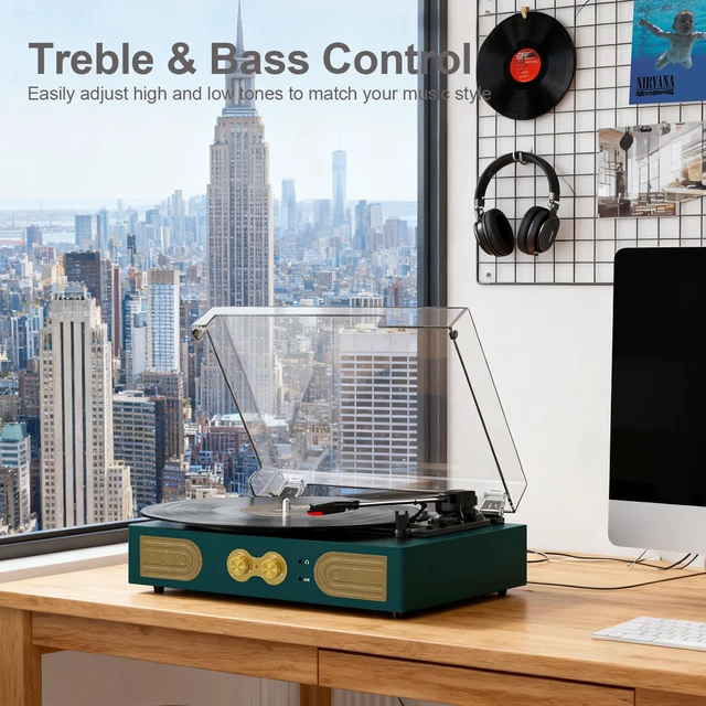 Alt view image 5 of 7 - Vinyl Record Player Vintage 3-Speed Turntable with Built-in Stereo Speakers, Bass/Treble Control, Headphone Jack, RCA Output,AUX Input, Belt-Driven LP Player, Green