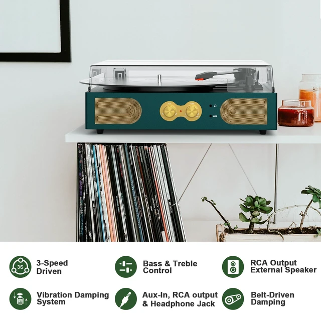 Alt view image 4 of 7 - Vinyl Record Player Vintage 3-Speed Turntable with Built-in Stereo Speakers, Bass/Treble Control, Headphone Jack, RCA Output,AUX Input, Belt-Driven LP Player, Green