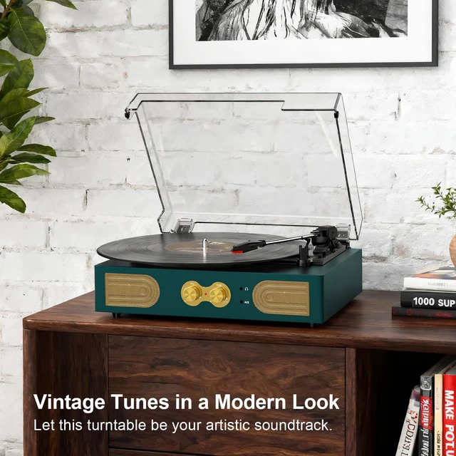 Alt view image 7 of 7 - Vinyl Record Player Vintage 3-Speed Turntable with Built-in Stereo Speakers, Bass/Treble Control, Headphone Jack, RCA Output,AUX Input, Belt-Driven LP Player, Green