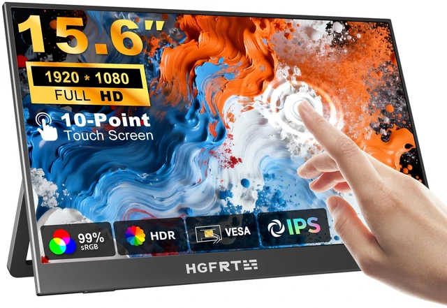 Main image of Portable Monitor Touchscreen 15.6", 1920x1080 60Hz FHD IPS HDR 10-Point Touch Screen Monitor with Built-in Stand & Speaker, HDMI USB C VESA External Travel Monitors for Laptop, PC, Mac, Phone