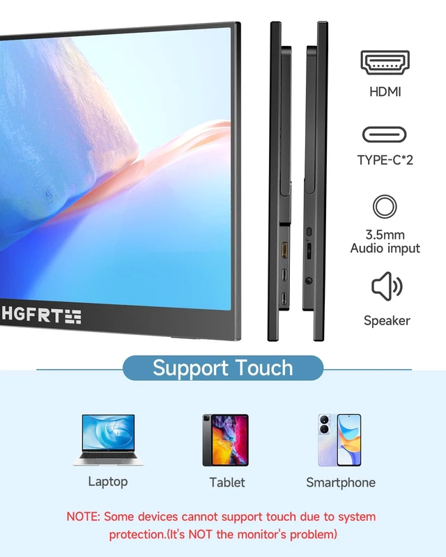 Alt view image 6 of 7 - Portable Monitor Touchscreen 15.6", 1920x1080 60Hz FHD IPS HDR 10-Point Touch Screen Monitor with Built-in Stand & Speaker, HDMI USB C VESA External Travel Monitors for Laptop, PC, Mac, Phone