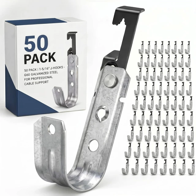 Main image of 50 Pcs 1-5/16 Inch Galvanized Steel J Hook with Bat Wing Heavy Duty Cable Support Straps Hangers for Hanging Cable Management to Ceiling Grid Wire & Threaded Rod