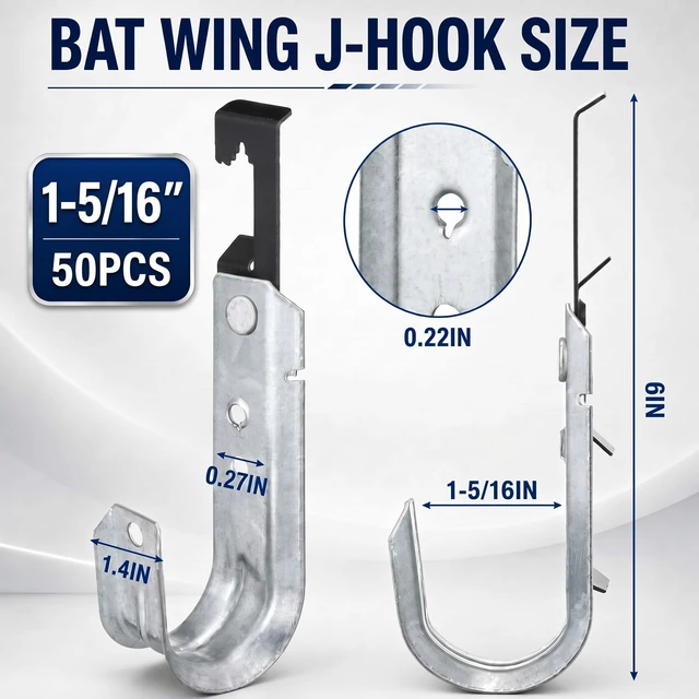 Alt view image 4 of 6 - 50 Pcs 1-5/16 Inch Galvanized Steel J Hook with Bat Wing Heavy Duty Cable Support Straps Hangers for Hanging Cable Management to Ceiling Grid Wire & Threaded Rod