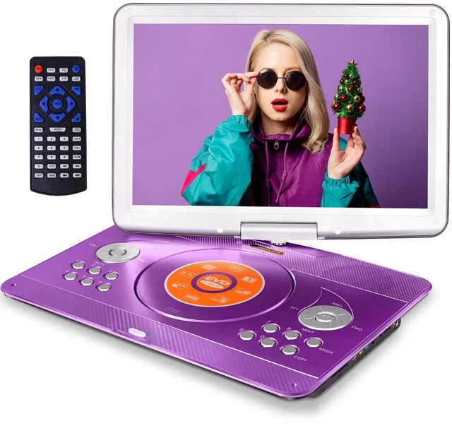 Main image of Portable DVD Player for Kids Road Trip, 14.1" Swivel Screen, 5000mAh 6-Hour Playtime, Car Charger, Support USB, SD, TV Sync for Family Movie Night, Dual Speakers, Multi-Format, Purple