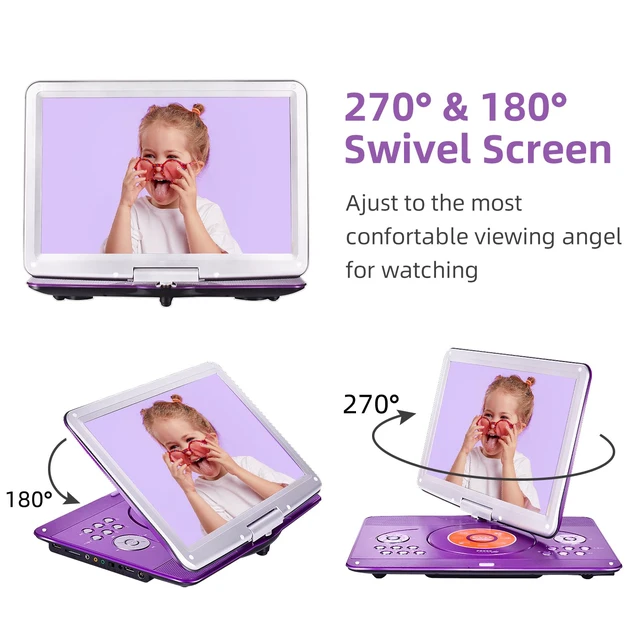 Alt view image 2 of 7 - Portable DVD Player for Kids Road Trip, 14.1" Swivel Screen, 5000mAh 6-Hour Playtime, Car Charger, Support USB, SD, TV Sync for Family Movie Night, Dual Speakers, Multi-Format, Purple