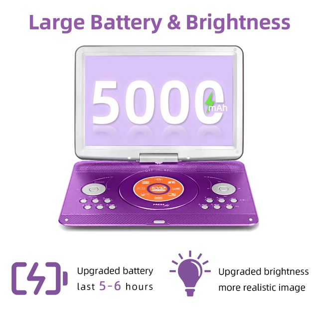 Alt view image 4 of 7 - Portable DVD Player for Kids Road Trip, 14.1" Swivel Screen, 5000mAh 6-Hour Playtime, Car Charger, Support USB, SD, TV Sync for Family Movie Night, Dual Speakers, Multi-Format, Purple