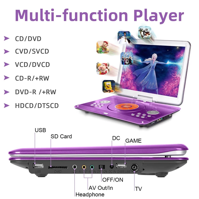 Alt view image 5 of 7 - Portable DVD Player for Kids Road Trip, 14.1" Swivel Screen, 5000mAh 6-Hour Playtime, Car Charger, Support USB, SD, TV Sync for Family Movie Night, Dual Speakers, Multi-Format, Purple
