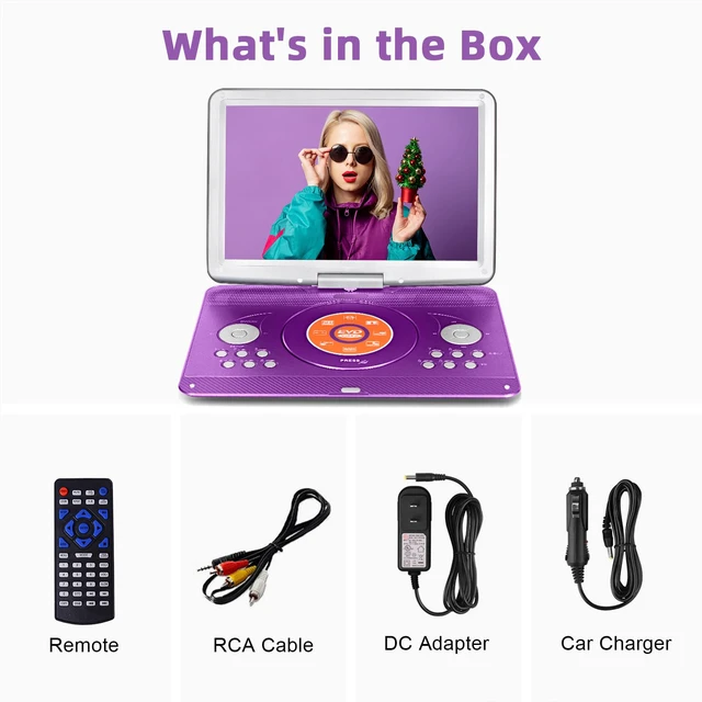 Alt view image 7 of 7 - Portable DVD Player for Kids Road Trip, 14.1" Swivel Screen, 5000mAh 6-Hour Playtime, Car Charger, Support USB, SD, TV Sync for Family Movie Night, Dual Speakers, Multi-Format, Purple
