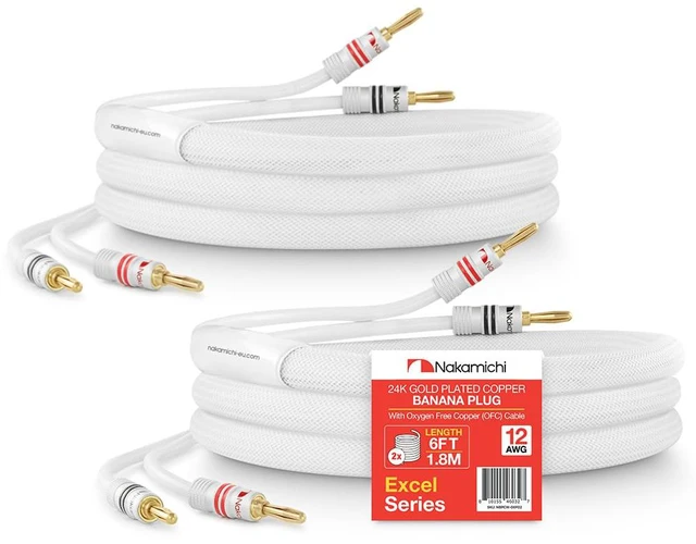 Main image of 24k Gold Plated Banana Plugs Speaker Cables 99.9% OFC (6 Feet) Oxygen-Free Copper, Excel Series, Amplifier Heavy Duty Braided In-Wall CL2 Rated Wires - White (12AWG / 6ft / 1.8m) 2-Pack