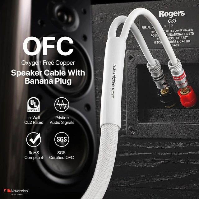 Alt view image 5 of 7 - 24k Gold Plated Banana Plugs Speaker Cables 99.9% OFC (6 Feet) Oxygen-Free Copper, Excel Series, Amplifier Heavy Duty Braided In-Wall CL2 Rated Wires - White (12AWG / 6ft / 1.8m) 2-Pack