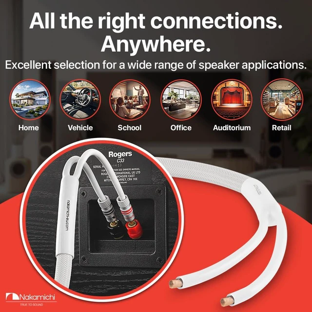 Alt view image 7 of 7 - 24k Gold Plated Banana Plugs Speaker Cables 99.9% OFC (6 Feet) Oxygen-Free Copper, Excel Series, Amplifier Heavy Duty Braided In-Wall CL2 Rated Wires - White (12AWG / 6ft / 1.8m) 2-Pack