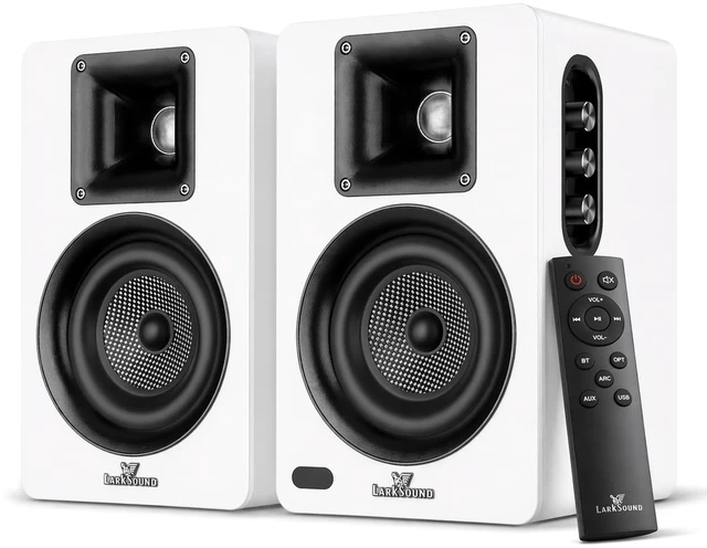 Main image of Active Bookshelf Speakers for Turntable, Powered PC Desktop & TV Audio, Aluminum Horn Tweeter, 4" Woven Glass Fiber Woofer, Built-in Amp, BT/Opt/ARC/AUX/USB, White