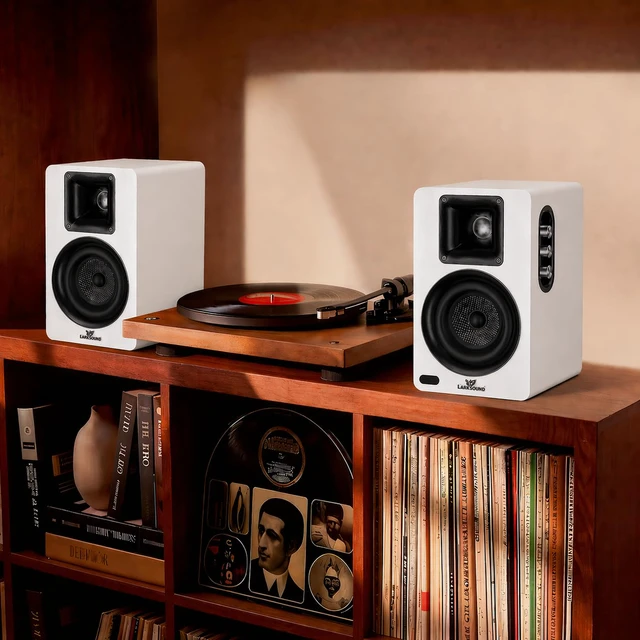 Alt view image 3 of 7 - Active Bookshelf Speakers for Turntable, Powered PC Desktop & TV Audio, Aluminum Horn Tweeter, 4" Woven Glass Fiber Woofer, Built-in Amp, BT/Opt/ARC/AUX/USB, White