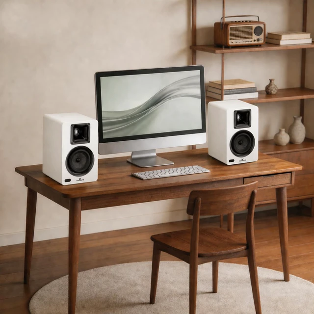 Alt view image 4 of 7 - Active Bookshelf Speakers for Turntable, Powered PC Desktop & TV Audio, Aluminum Horn Tweeter, 4" Woven Glass Fiber Woofer, Built-in Amp, BT/Opt/ARC/AUX/USB, White