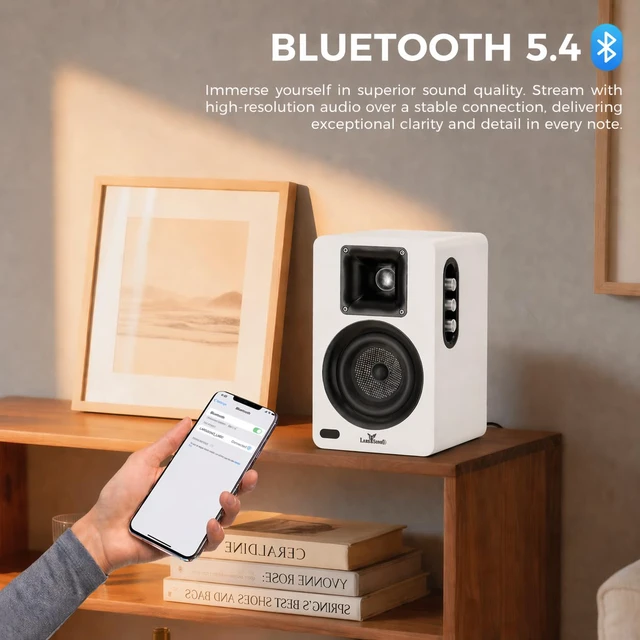 Alt view image 5 of 7 - Active Bookshelf Speakers for Turntable, Powered PC Desktop & TV Audio, Aluminum Horn Tweeter, 4" Woven Glass Fiber Woofer, Built-in Amp, BT/Opt/ARC/AUX/USB, White