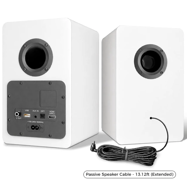 Alt view image 7 of 7 - Active Bookshelf Speakers for Turntable, Powered PC Desktop & TV Audio, Aluminum Horn Tweeter, 4" Woven Glass Fiber Woofer, Built-in Amp, BT/Opt/ARC/AUX/USB, White