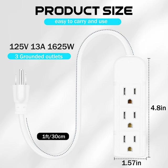 Alt view image 2 of 6 - 20 Pack 3 Outlet Power Strip Flat Plug Extension Cord, 1 ft, White 3 Outlet Power Strip Surge Protector, Power Strip Bulk Pack, Mini Cord 3 Ground Heavy Duty Mountable Outlets Strip, Computer