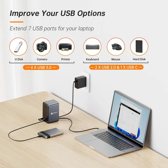 Alt view image 4 of 7 - USB C Laptop Docking Station Dual Monitor Plug and Play 7 USB Port 2 HDMI+VGA, SD/microSD, Ethernet,Audio, 65W Power Adapter,Dell/Lenovo/HP, for Home Office, Multi-Tasking Workflows